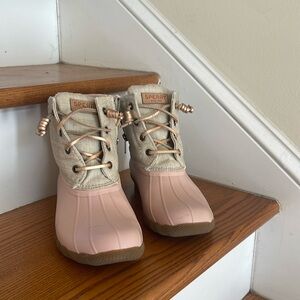 Pretty pink and beige Sperry duck boots size 7 worn once.Side zipper and lined.